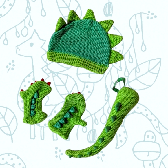 Other - Dinosaur Kid Knitted Hat set with gloves and tail green